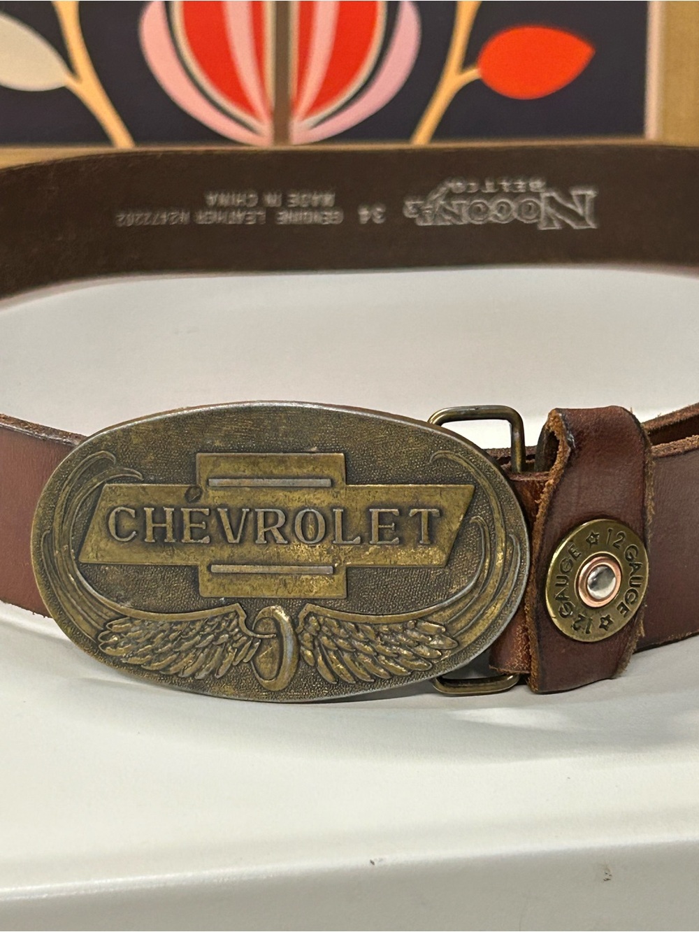 Men’s vintage Nicola leather belt and Chevrolet buckle size 34